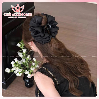 Kẹp tóc nơ đám mây vải lụa nhiều lớp màu đen hottrend Y334