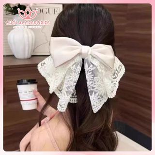 Kẹp tóc ren bản xoè to công chúa màu kem cho nữ phong cách tiểu thư Y057
