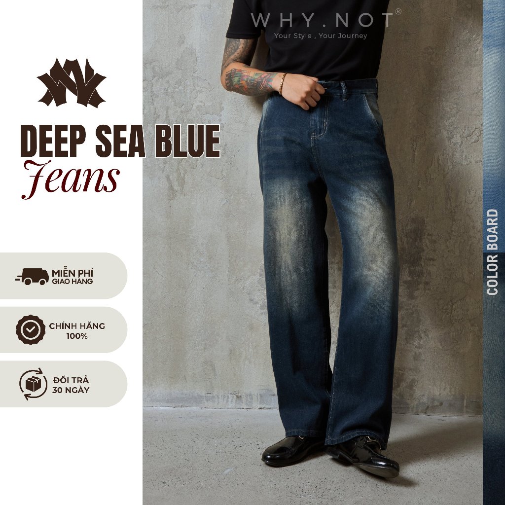 [WHY.NOT] Quần Jean Nam Ống Suông 2 Màu Xanh Nhặt, Xanh Đậm