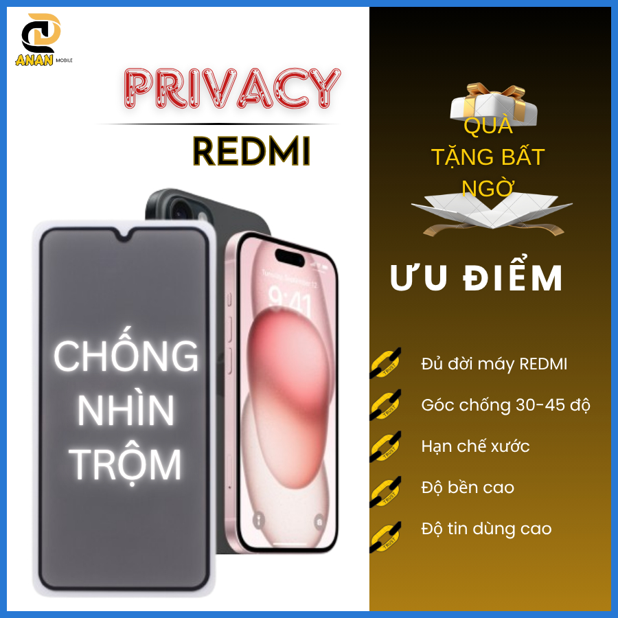 Cường lực Chống Nhìn Trộm Redmi 15 14c 13 12 13c 13x 12c Note 14 13 12 11 10 9 11s Pro K50 K40 K30 K20 A1 A2 A3 A2+ A3+