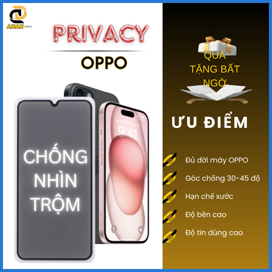 Cường lực Chống Nhìn Trộm Oppo A3 A3x A5 Pro 5G A60 A98 A97 A96 A95 A94 A93 A92 A91 A79 A78 A77s A58 A57 A56 A55 A54 A53