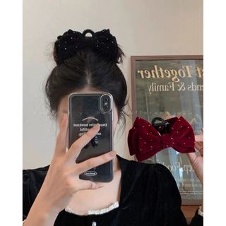 Kẹp tóc nhung đính kim tuyến đen đỏ phong cách sang chảnh Chồi accessories Y221-P2