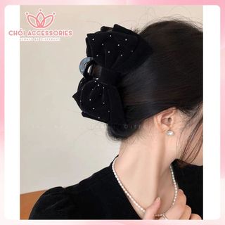 Kẹp tóc nhung đính kim tuyến đen đỏ phong cách sang chảnh Chồi accessories Y221-P2