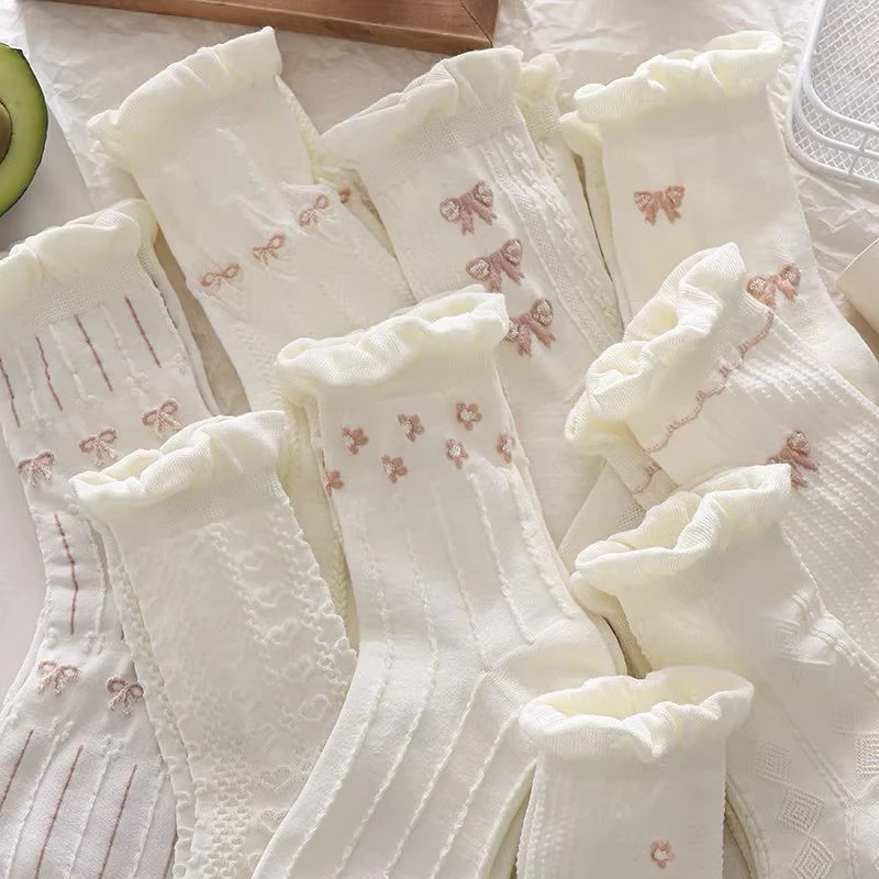 [Peinn] Set 5 Đôi Vớ Cotton Đính Nơ Họa Tiết Hoa Nhỏ Xinh Xắn Phong Cách Harajuku Cho Nữ tt76 LILIRIA TTD76