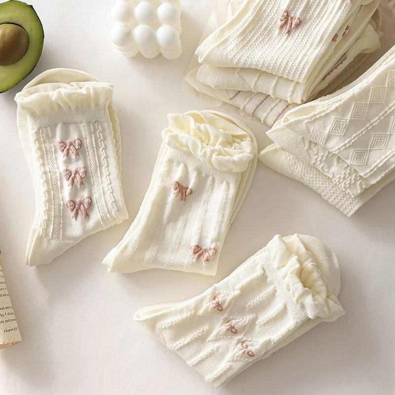 [Peinn] Set 5 Đôi Vớ Cotton Đính Nơ Họa Tiết Hoa Nhỏ Xinh Xắn Phong Cách Harajuku Cho Nữ tt76 LILIRIA TTD76