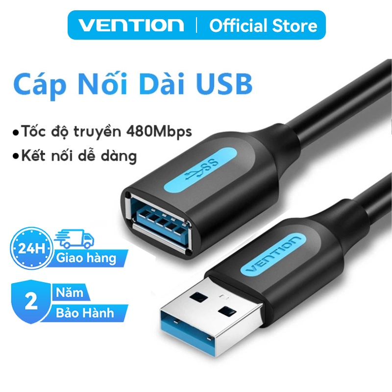 Cáp Nối Dài USB 2.0 Vention Truyền Dữ Liệu 480Mbps, Dây PVC, Đầu Mạ Niken Chống Gỉ, Dài Lên Đến 3m