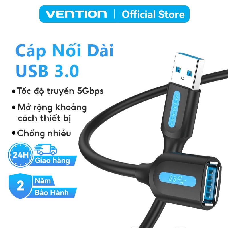 Cáp Nối Dài USB 3.0 Vention Tốc Độ Cao 5Gbps, Dây PVC, Đầu Mạ Niken Chống Gỉ, Chiều Dài Lên Đến 5m