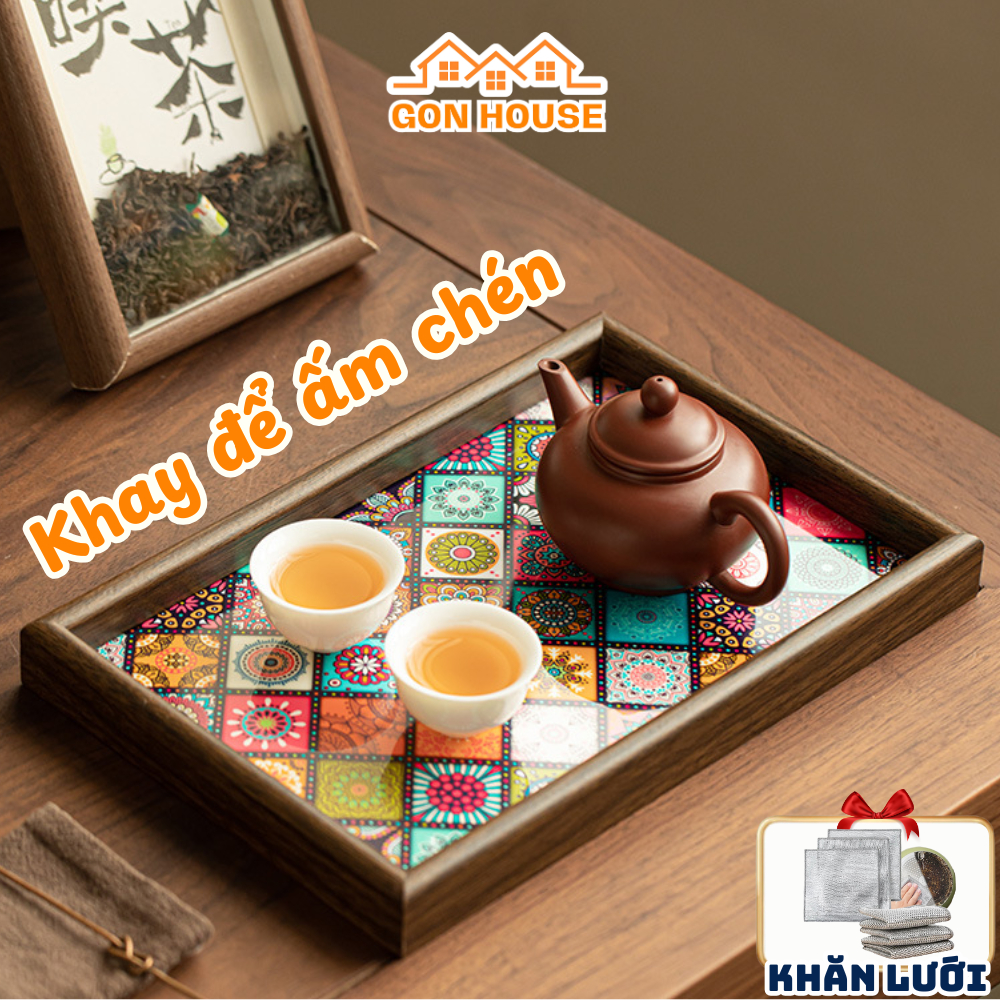 Khay Trà Gỗ Họa Tiết Mosaic Phong Cách Bohemian HOMEXINH Khay Đựng Ly Cốc Sang Trọng, Decor Nhà Cửa Tiện Lợi