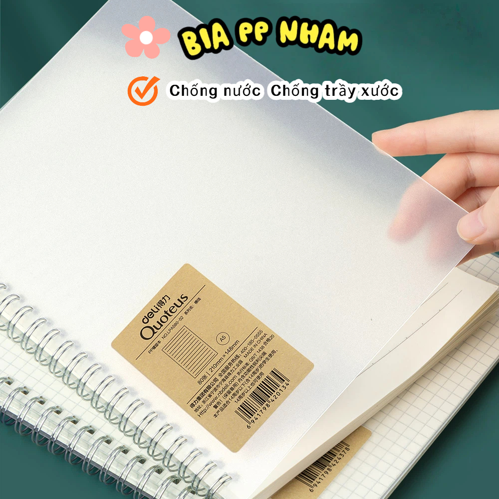 Sổ Lò Xo Kép Deli A5/B5 – 160 Trang, Bìa Nhựa Trong, Giấy Chống Lóa, Học Sinh & Văn Phòng
