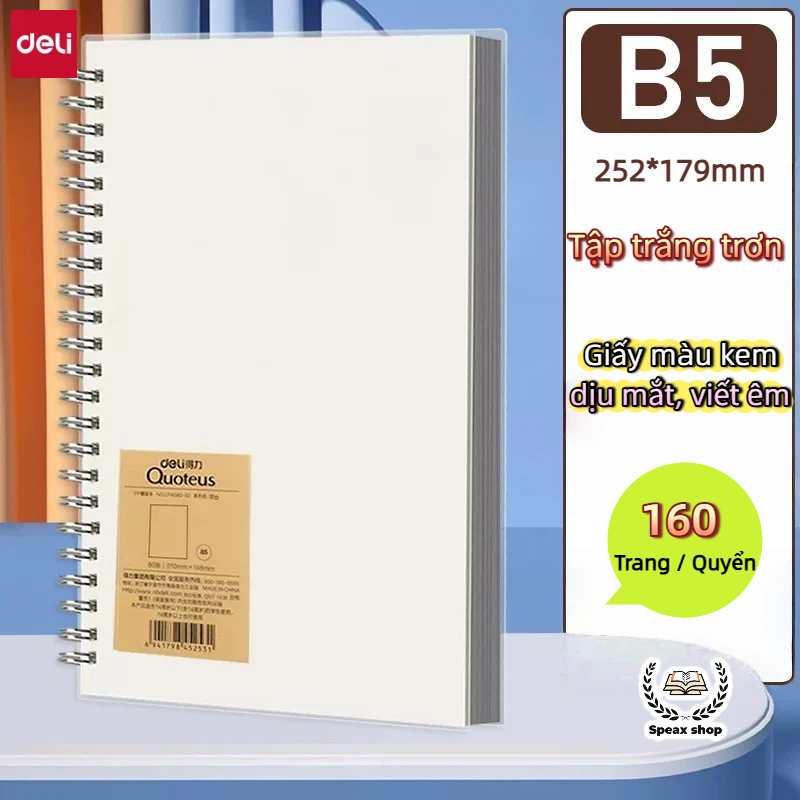 Sổ Lò Xo Kép Deli A5/B5 – 160 Trang, Bìa Nhựa Trong, Giấy Chống Lóa, Học Sinh & Văn Phòng