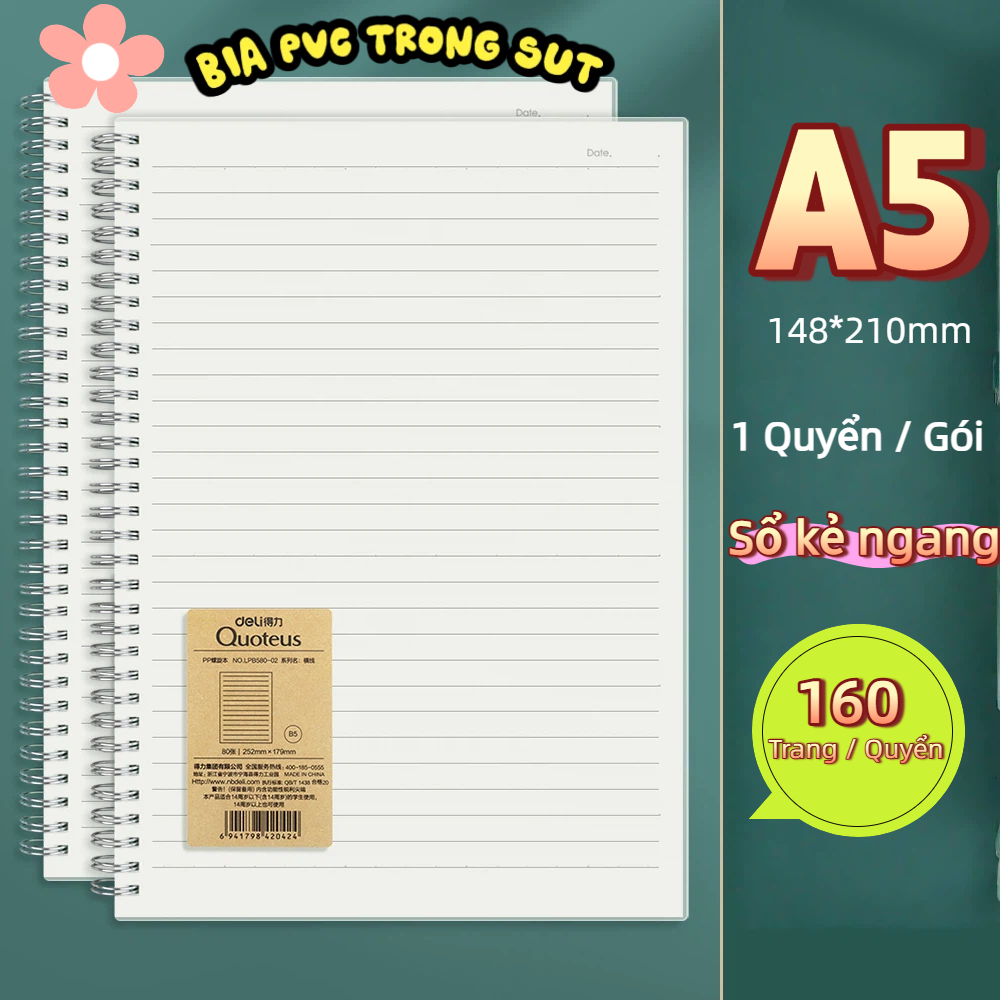 Sổ Lò Xo Kép Deli A5/B5 – 160 Trang, Bìa Nhựa Trong, Giấy Chống Lóa, Học Sinh & Văn Phòng