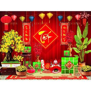 Phông Nền Tranh Vải Trang Trí Lễ Tết Truyền Thống Chất Vải Cavar, Backdrop  Chụp Ảnh Cỡ Lớn Tới 4M TET07 - BEEKIDS