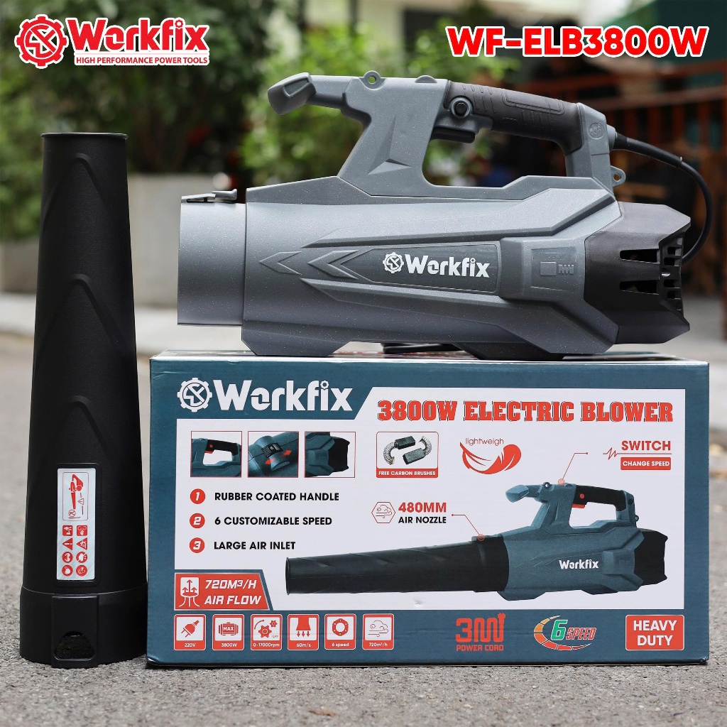 [Mới - Tặng Chổi Than] Máy Thổi Bụi, Lá Điện WORKFIX WF-ELB3800W,  3800W Thổi Liên Tục – Tặng Chổi Than Cao Cấp