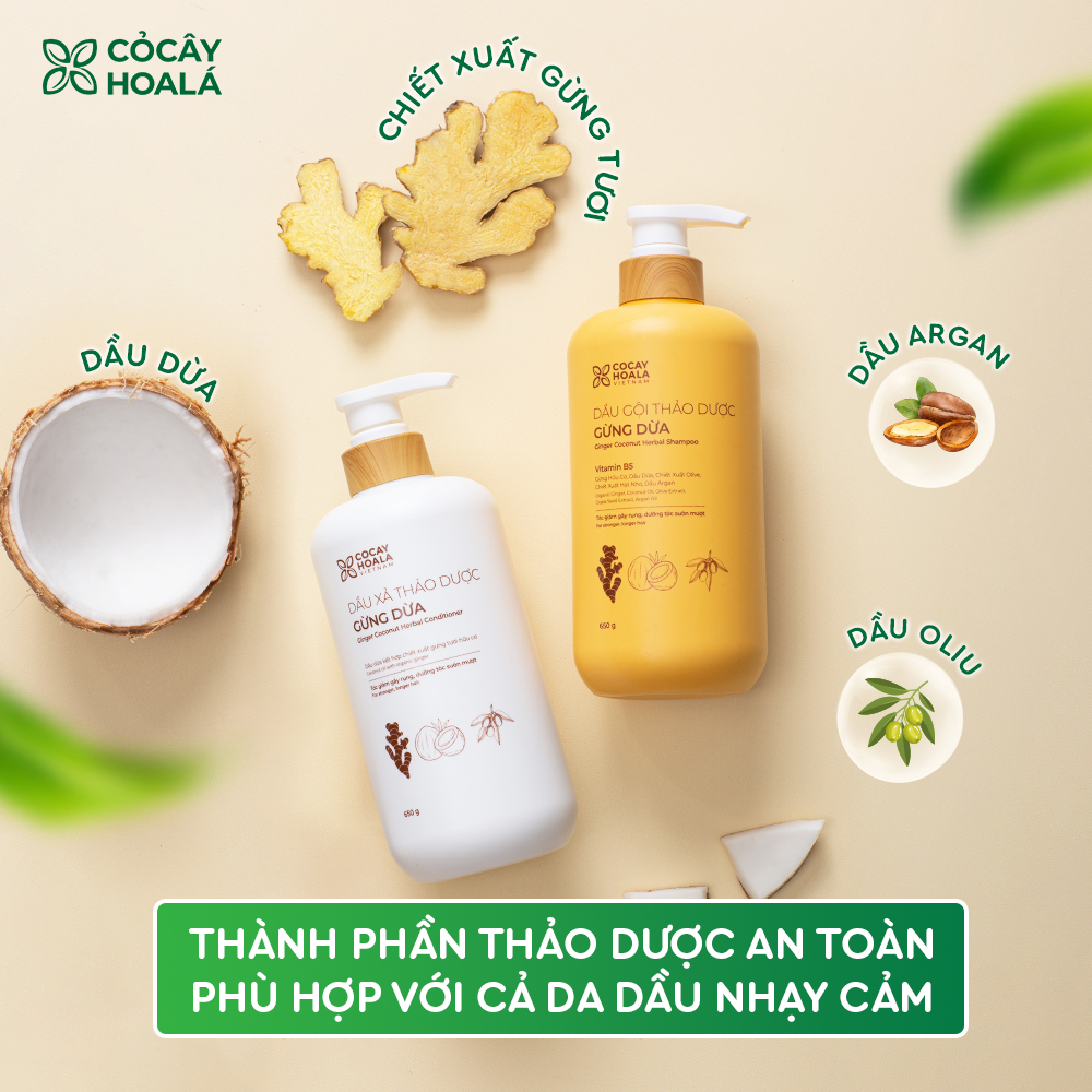 7.7 Combo Dầu Gội Xả Thảo Dược Gừng Dừa Cỏ Cây Hoa Lá - 650g/chai Tặng Kèm Túi Vải