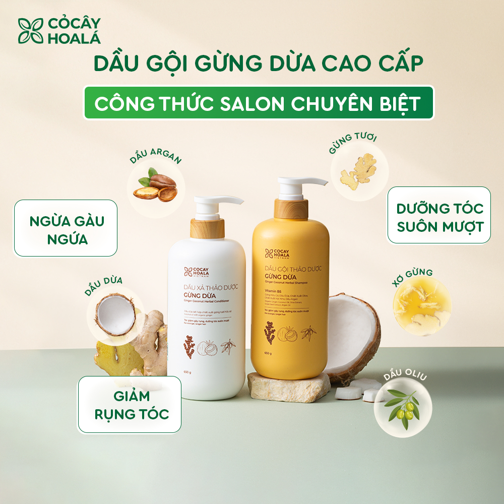 7.7 Combo Dầu Gội Xả Thảo Dược Gừng Dừa Cỏ Cây Hoa Lá - 650g/chai Tặng Kèm Túi Vải