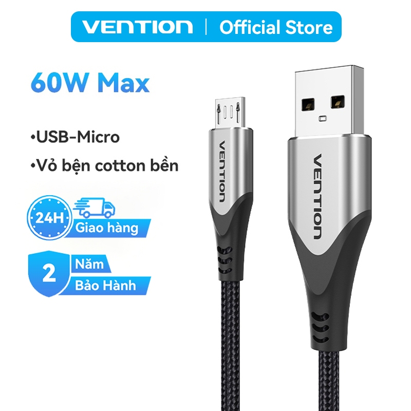 Cáp Sạc Nhanh 60W USB Sang Micro Vention, Tốc Độ Truyền 480Mbps, Dây Bện Dù, Đầu Hợp Kim Nhôm Dùng Cho Samsung, Android