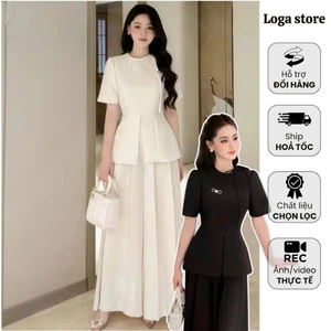 Set đồ nữ sang chảnh màu kem, set áo peplum và quần ống rộng xếp ly, set quần áo nữ công sở thanh lịch Loga store _L161