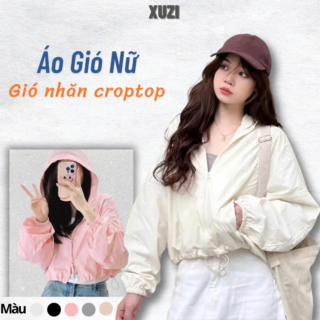 áo khoác gió dù nữ croptop vải gió nhăn áo khoác gió ngắn 2 lớp đẹp mỏng nhẹ kháng nước phù hợp tiết thời thu đông XUZI.