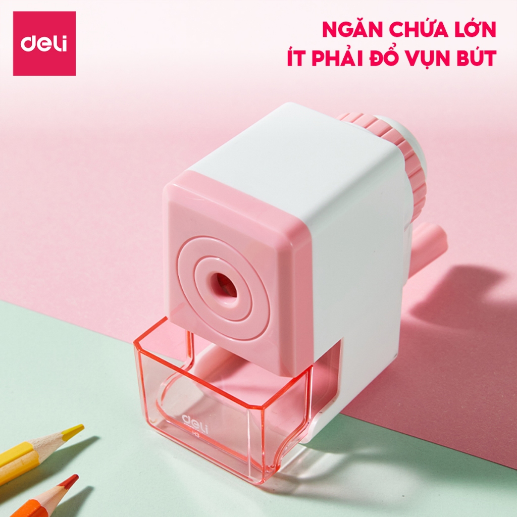 Gọt Chì Quay Tay Deli Gọt Bút Chì Màu Xanh/Hồng Pastel Nhỏ Gọn Sắc Bén An Toàn Đế Chống Trượt Cho Học Sinh