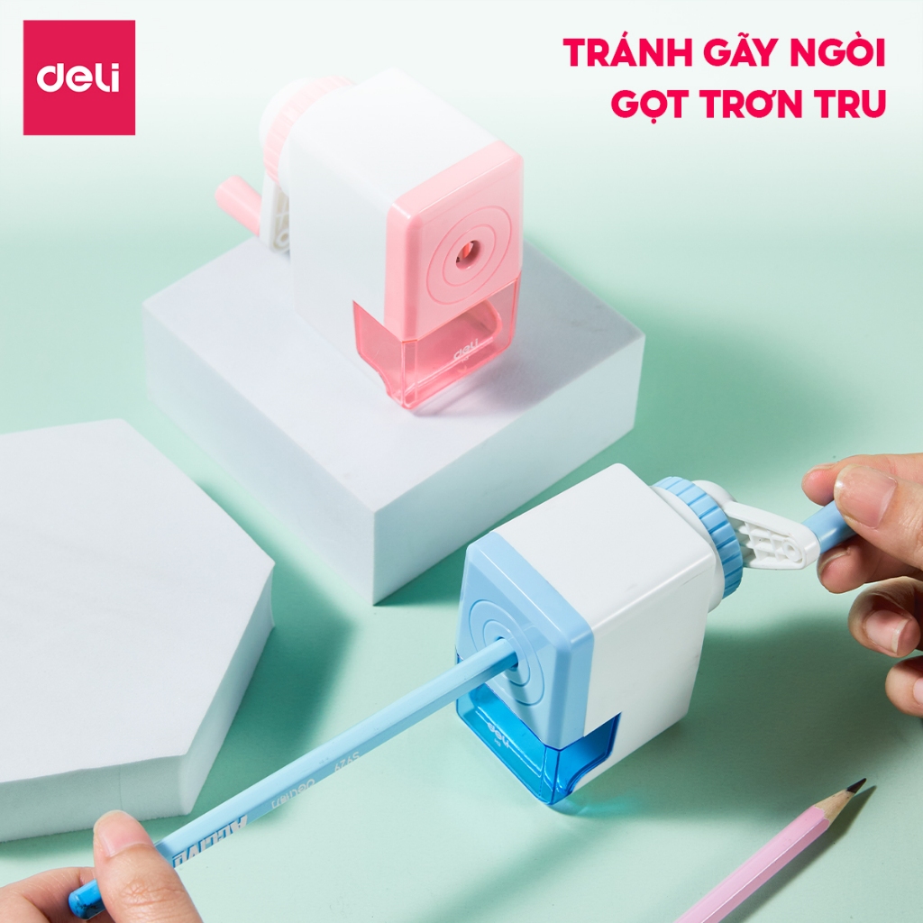 Gọt Chì Quay Tay Deli Gọt Bút Chì Màu Xanh/Hồng Pastel Nhỏ Gọn Sắc Bén An Toàn Đế Chống Trượt Cho Học Sinh