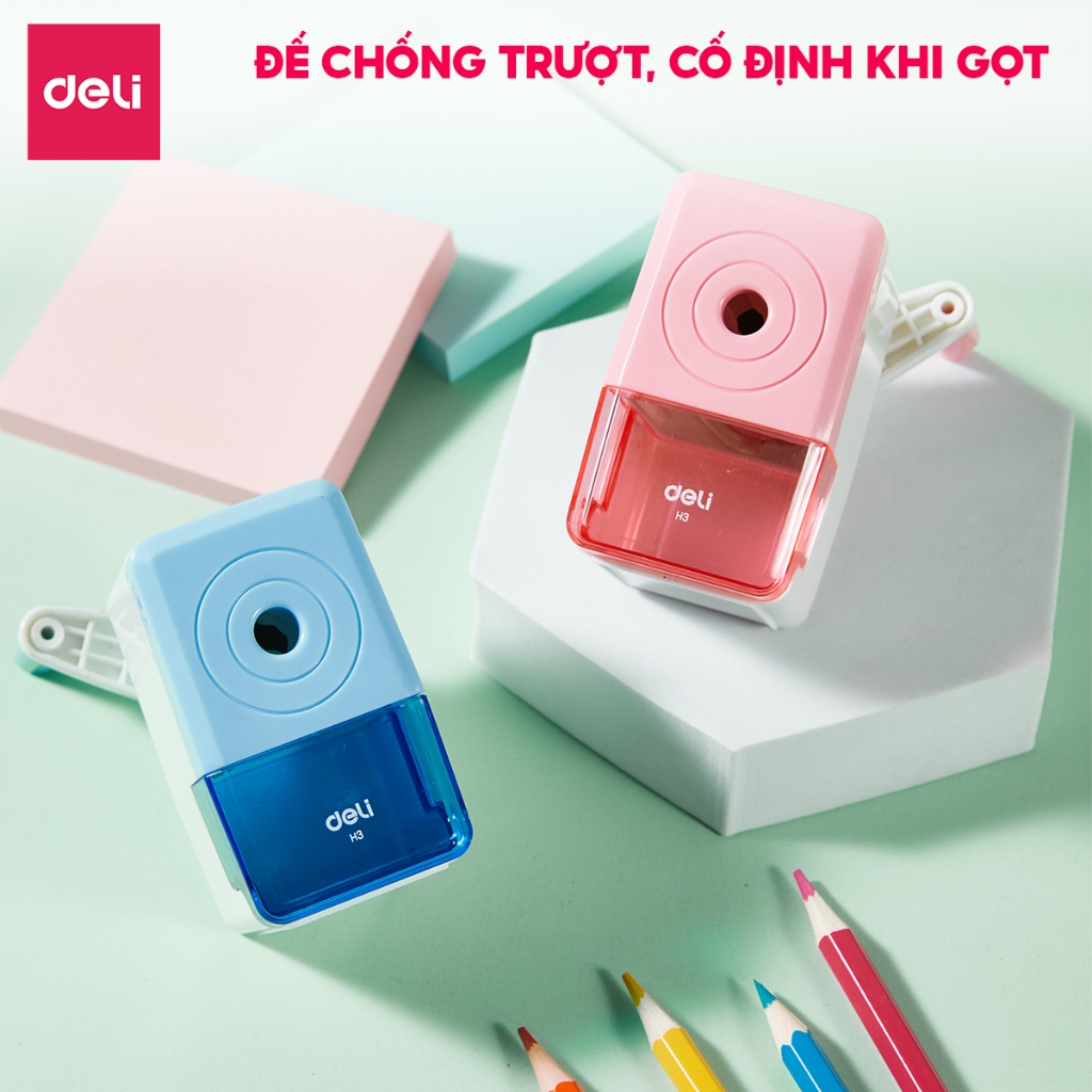 Gọt Chì Quay Tay Deli Gọt Bút Chì Màu Xanh/Hồng Pastel Nhỏ Gọn Sắc Bén An Toàn Đế Chống Trượt Cho Học Sinh