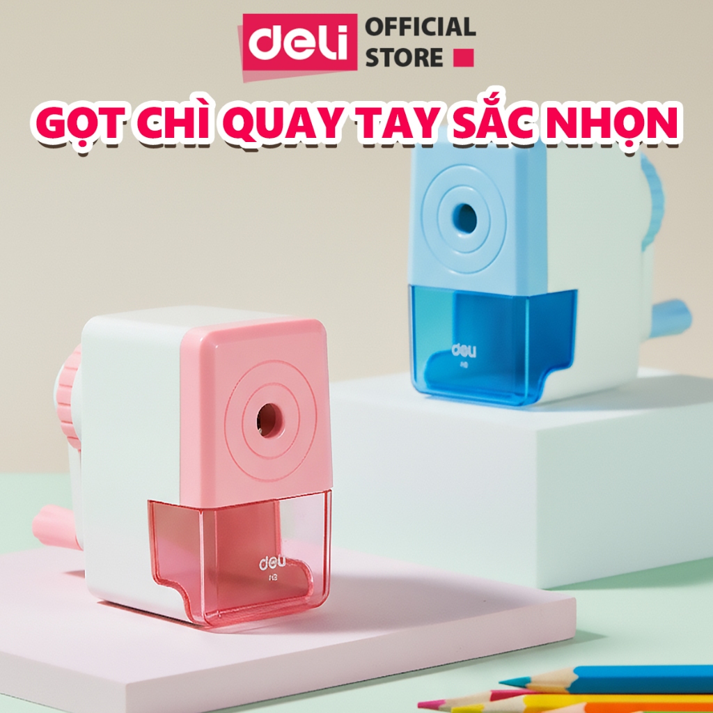 Gọt Chì Quay Tay Deli Gọt Bút Chì Màu Xanh/Hồng Pastel Nhỏ Gọn Sắc Bén An Toàn Đế Chống Trượt Cho Học Sinh