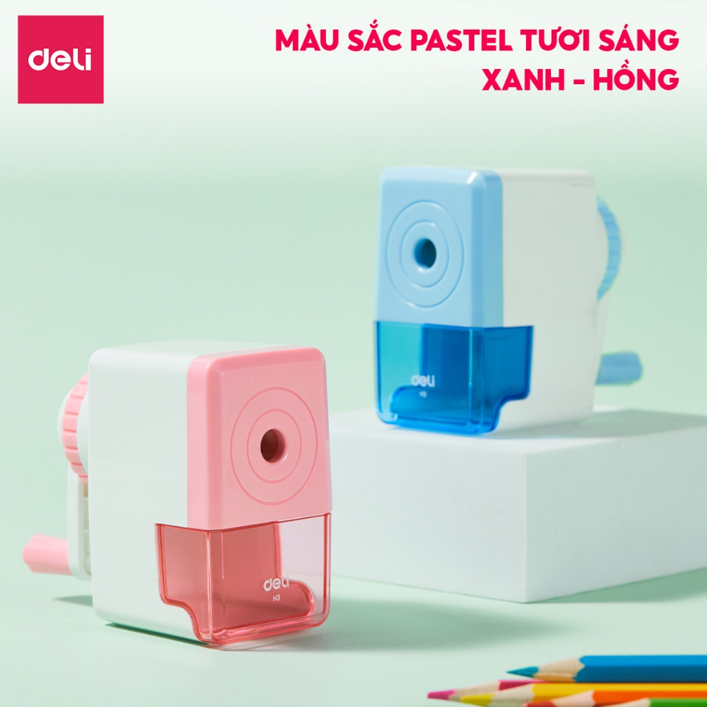 Gọt Chì Quay Tay Deli Gọt Bút Chì Màu Xanh/Hồng Pastel Nhỏ Gọn Sắc Bén An Toàn Đế Chống Trượt Cho Học Sinh