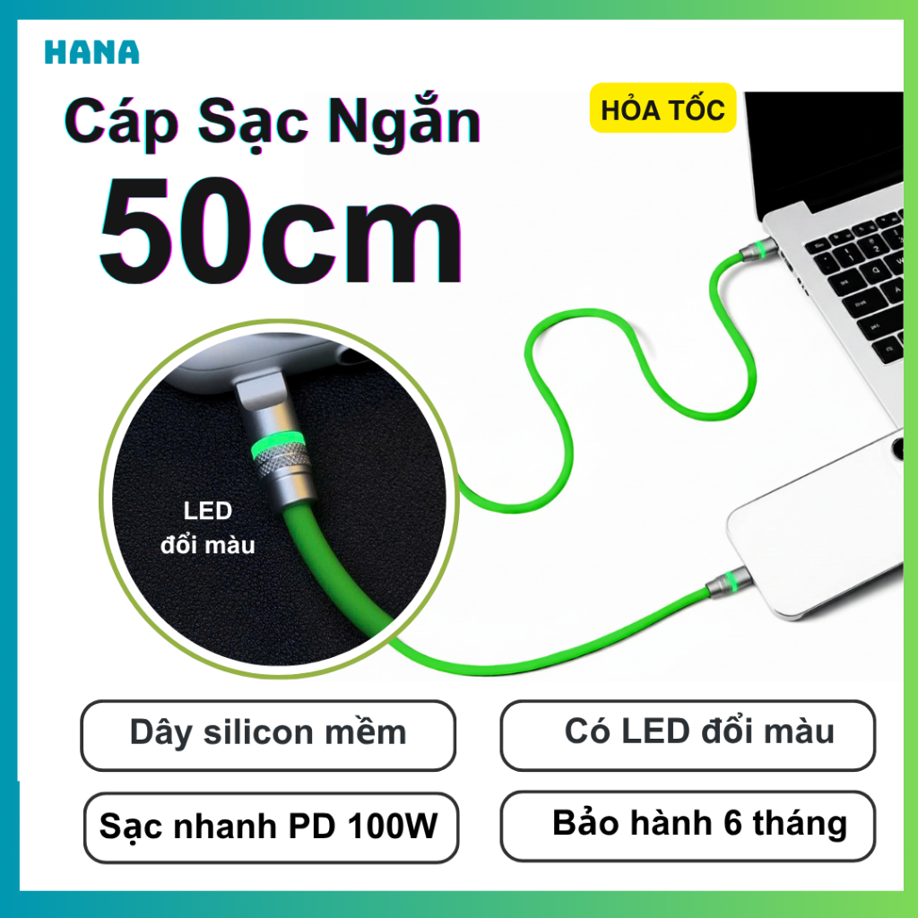 Dây Cáp Sạc Nhanh 100W - Dài 50cm - Có đèn LED đổi màu - Có chip Emarker - Dây dẻo mềm - 480Mpbs