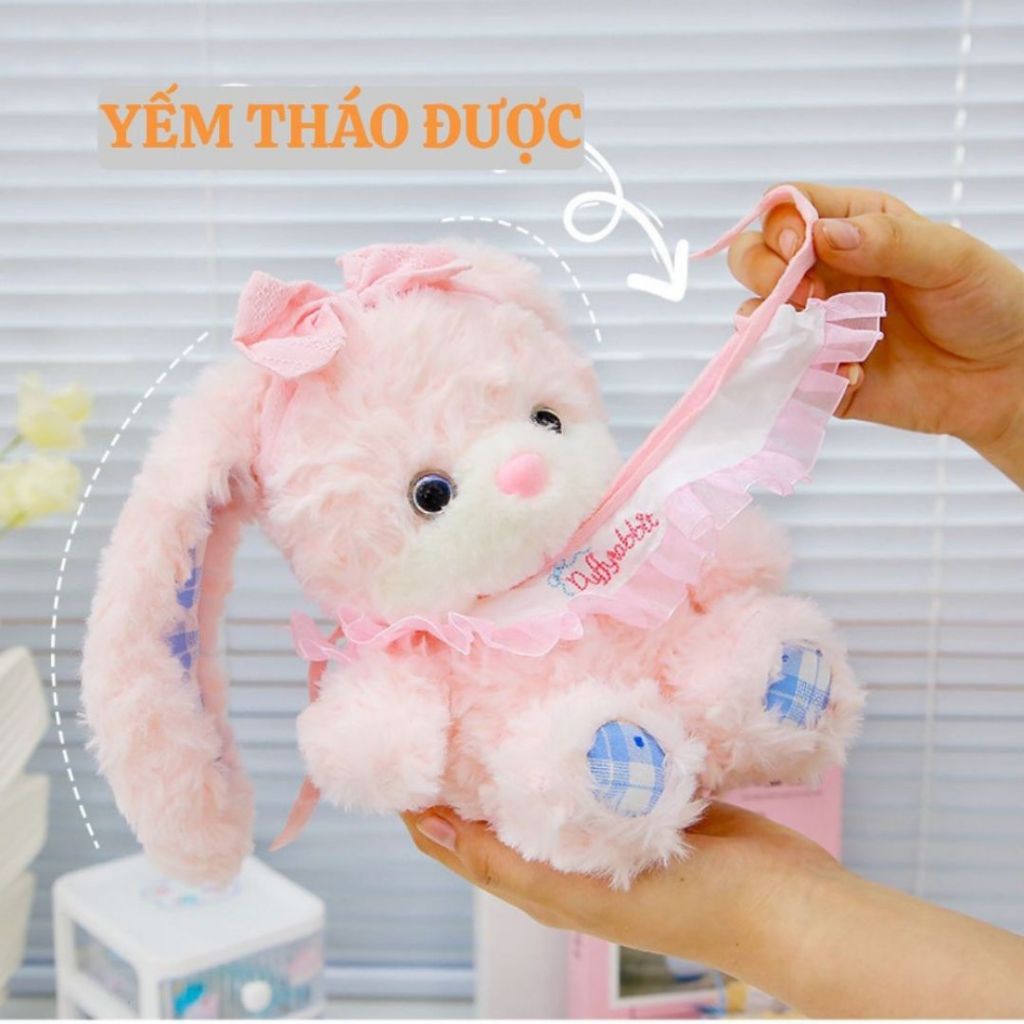 Gấu bông thỏ hồng và gấu nâu lông xù tai dài đeo yêm nơ dễ thương làm quà tặng sinh nhật cho bé, bạn gái