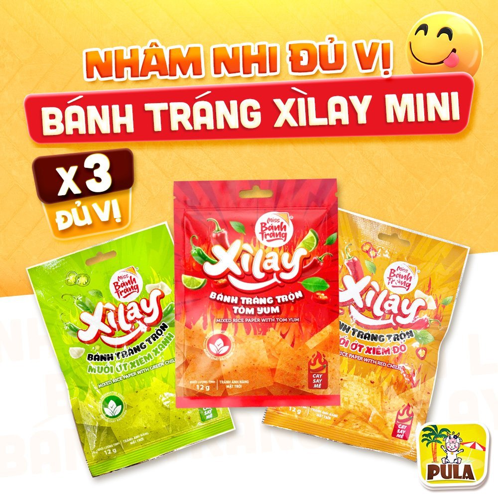 Xìlay Mini 3 Vị | Bánh tráng Xìlay Mini Tiệm Nhà Pula đủ vị – Gói 12gram | Tomyum, Muối Ớt Xiêm Đỏ, Xiêm Xanh