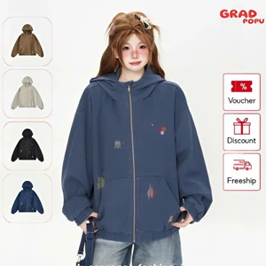 Áo khoác trùm đầu nữ GRADPOPU vải canvas navy thêu phong cách retro Mỹ, dáng rộng công sở AK133