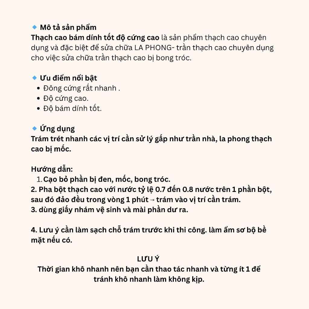 1kg_ Thạch cao chuyên dụng sửa chữa la phong trần thạch cao màu trắng độ cứng cao và bám dính tốt