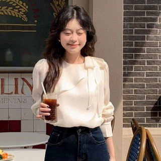 Áo Sơ Mi Tơ Óng Dài Tay Cổ Thắt Nơ Lệch Thanh Lịch 247store Asymmetric Tie Blouse Nữ Cao Cấp A.sominolech536