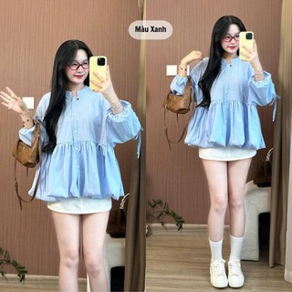 Áo Sơ Mi Xếp Ly Trước Chun Eo Tay Bồng Viền Bèo Dễ Thương  247store Cinched Waist Ruffle Blouse Nữ Thời Trang Aobbd533