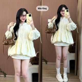 Áo Sơ Mi Xếp Ly Trước Chun Eo Tay Bồng Viền Bèo Dễ Thương  247store Cinched Waist Ruffle Blouse Nữ Thời Trang Aobbd533