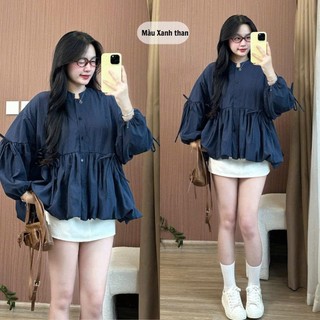 Áo Sơ Mi Xếp Ly Trước Chun Eo Tay Bồng Viền Bèo Dễ Thương  247store Cinched Waist Ruffle Blouse Nữ Thời Trang Aobbd533