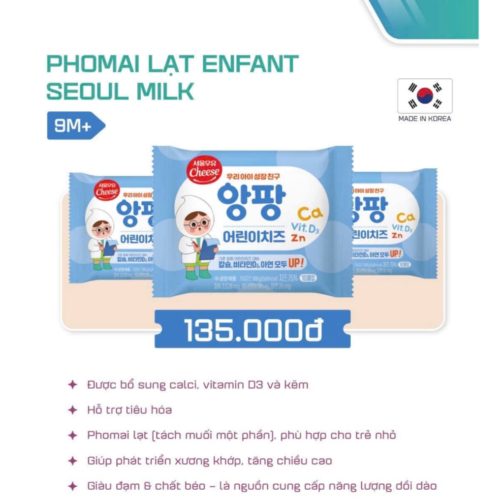 Phô mai tách muối hữu cơ Hàn Quốc cho bé ăn dặm Seoul Milk Hàn Quốc 6m+ hanzomart