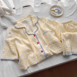 Đồ ngủ pyjama (V51) - Bộ đồ đùi caro vàng đáng yêu tiện dụng