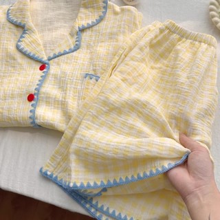 Đồ ngủ pyjama (V51) - Bộ đồ đùi caro vàng đáng yêu tiện dụng