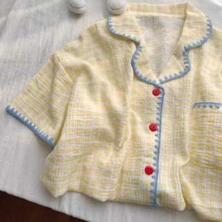 Đồ ngủ pyjama (V51) - Bộ đồ đùi caro vàng đáng yêu tiện dụng