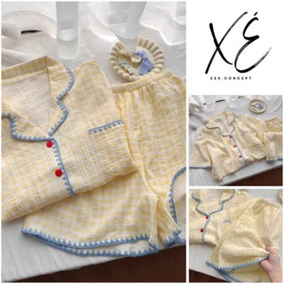 Đồ ngủ pyjama (V51) - Bộ đồ đùi caro vàng đáng yêu tiện dụng