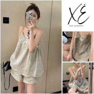 Đồ ngủ pyjama (V50) - Bộ đồ đùi 2 dây xanh đính cườm