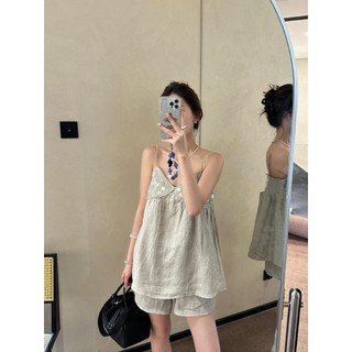 Đồ ngủ pyjama (V50) - Bộ đồ đùi 2 dây xanh đính cườm