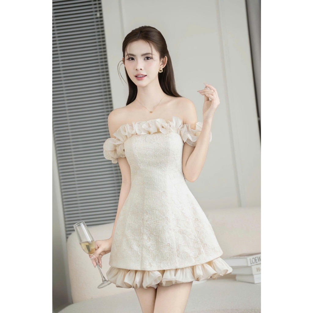 Đầm Váy Dự Tiệc LASY Thời Trang Nữ Dáng Trễ Vai Phối Bèo Lưới Dáng Ngắn Trẻ Trung (Form như video)