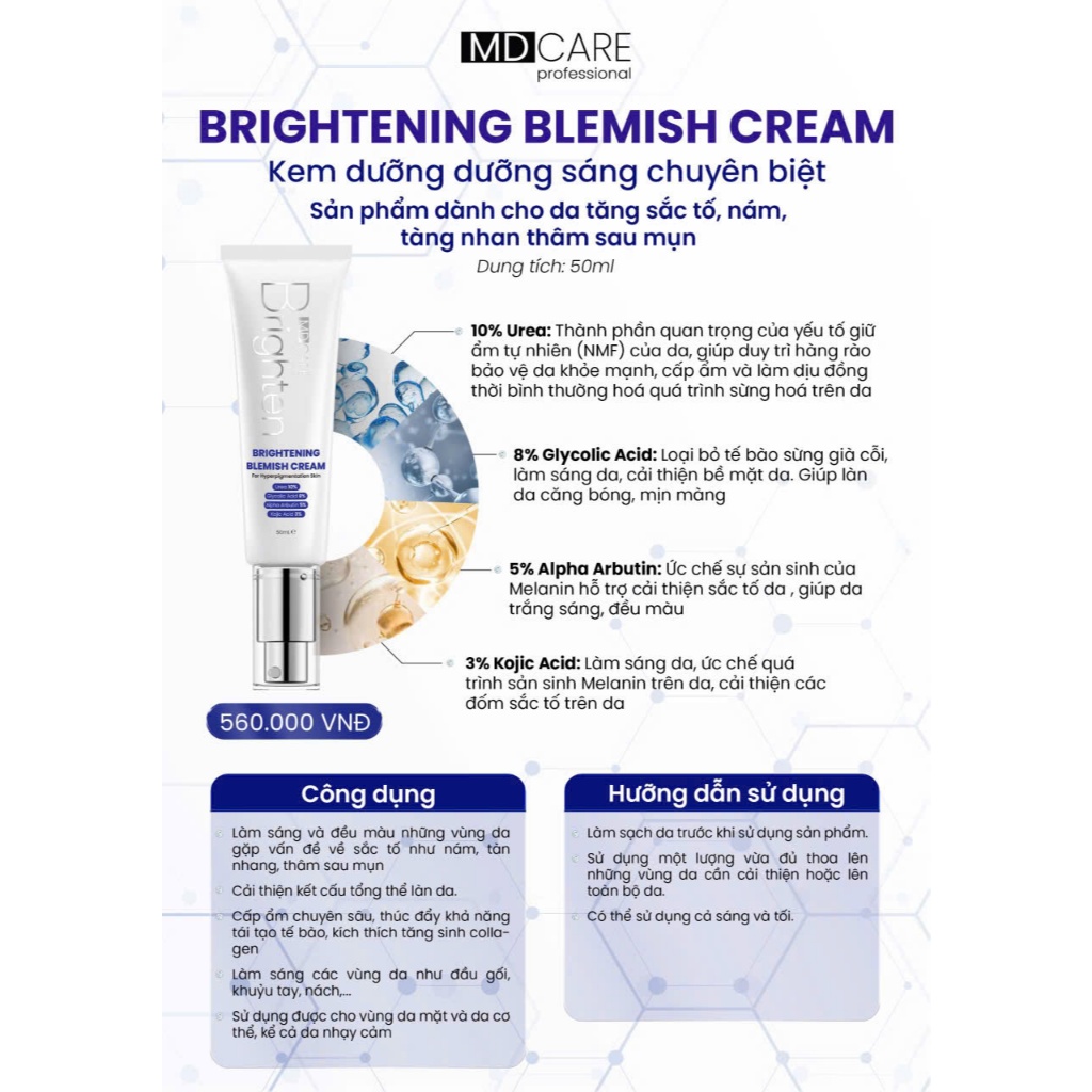 [ĐẠI LÝ CHÍNH HÃNG] Kem dưỡng trắng da MD CARE Brightening Blemish Cream 50ML