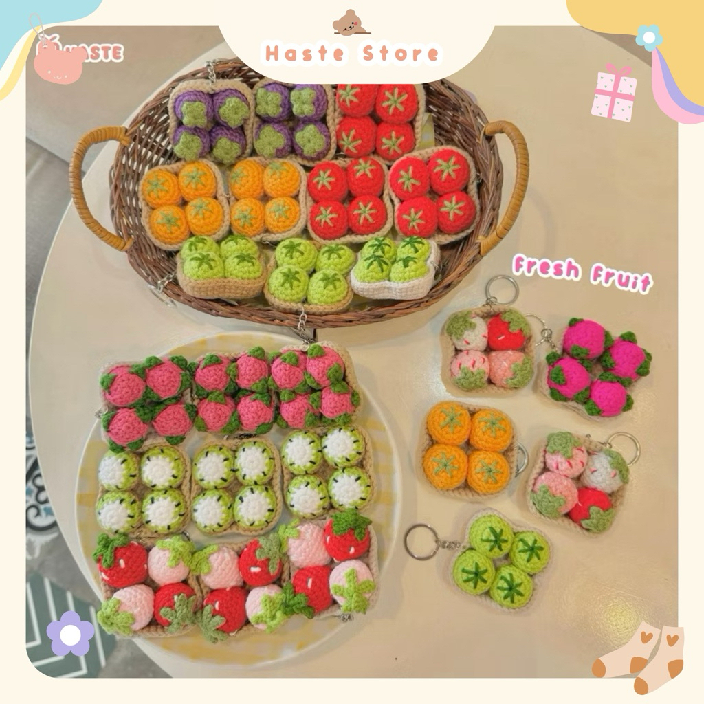 Móc Khoá Len Rổ Trái Cây Hoa Quả Rau Củ Cam Dâu Thanh Long Nho Kiwi Dễ Thương Handmadeu
