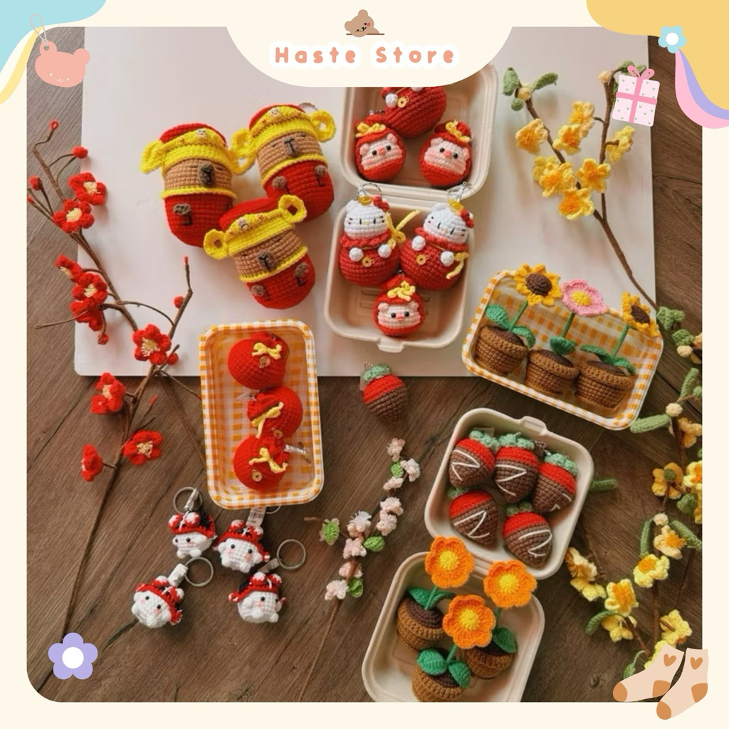 Móc Khoá Len Tết Thần Tài Mèo Capybara Chiêu Tài Lộc Hồng Bao Dễ Thương Handmade
