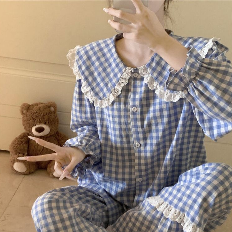 Bộ Đồ Ngủ Nữ Bigsize Tay Dài Quần Dài Cổ Nhọn Viền Ren Dễ Thương Chất Caro Xốp Thoáng Mát – PONA