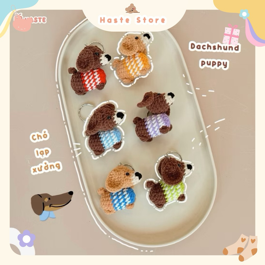 Móc Khoá Len Nhung Puppy Cún Chó Lạp Xưởng Xúc Xích Dachshund Nâu Handmade Dễ Thương
