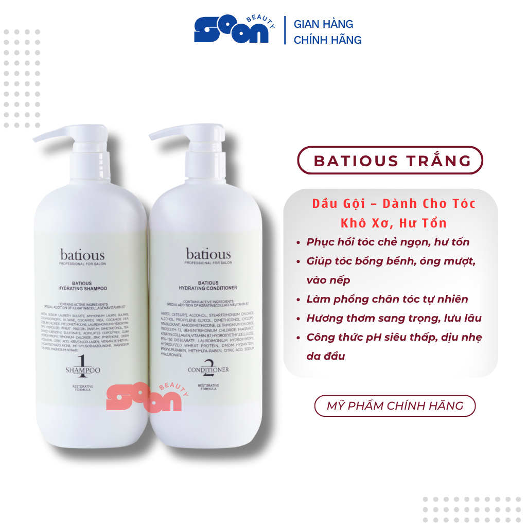 Cặp Gội Xả Batious Trắng Dành Cho Tóc Khô Xơ, Dưỡng Ẩm Tóc, Phục Hồi Chẻ Ngọn 500ml-960ml